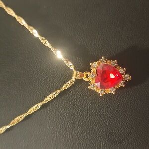 Elegant Gold Necklace with Red Gemstone Pendant (2 Available)